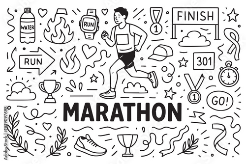 Marathon themed vector doodle background in black and white, showing runners, sneakers, race bibs, and finish banners.