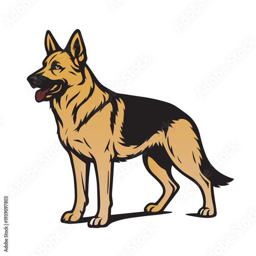 Vector illustration of a German Shepherd dog standing alert, featuring clean lines and detailed shapes that highlight the breed’s strong, loyal, and intelligent character.