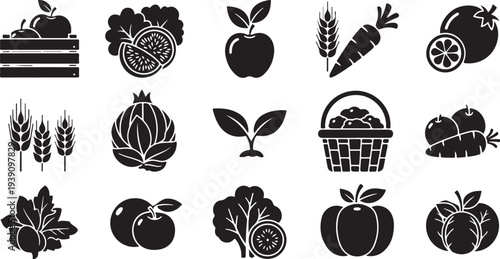 Black and white icons of various fruits and vegetables collection