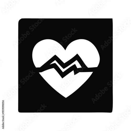 Graphic illustration of a broken heart with a jagged crack, symbolizing emotional pain, stress, or a medical heart condition. Simple vector design on a dark background depicting distress or loss