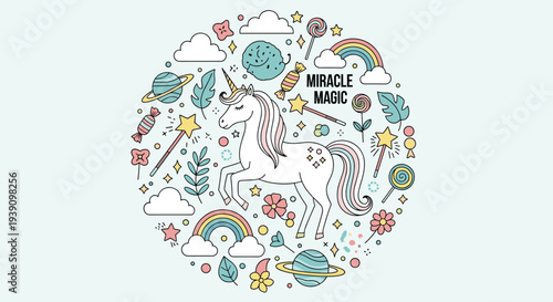 Enchanting circular composition of a magical unicorn surrounded by rainbows, stars, planets, and sweets under the words miracle magic.