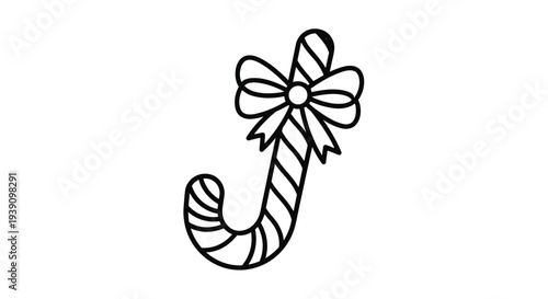 Simple black and white line drawing of a traditional Christmas candy cane decorated with a festive striped ribbon bow.