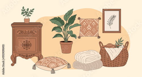 Cozy home interior arrangement including a vintage wooden side table, a potted green plant, decorative cushions, and a wicker basket.