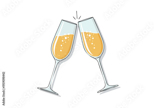 Two champagne glasses clinking in a toast, filled with bubbly golden liquid, symbolizing celebration and success, isolated on a white background