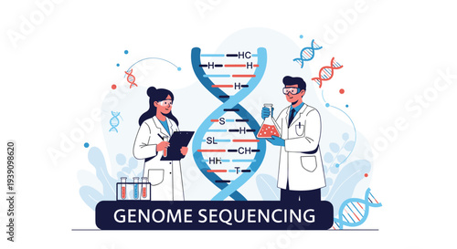 Professional scientists working with a large DNA helix model for genome sequencing and genetic research in a modern laboratory.