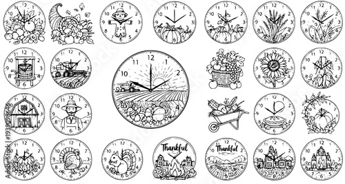 Set of 27 black and white outline vector illustrations of autumn and Thanksgiving themed clock faces and elements, perfect for harvest season designs.