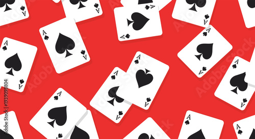 Seamless repeating pattern of ace of spades playing cards scattered randomly across a bright solid red background.