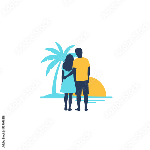 Couple watching sunset on tropical beach with palm tree