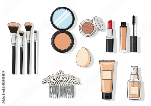 Collection of makeup and beauty products including brushes, lipstick, mascara, and compact mirror
