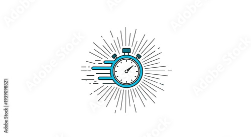 Blue stopwatch icon with speed lines and a starburst background representing fast service, quick timing, or high performance.