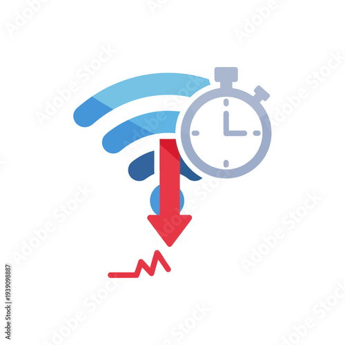Slow WiFi signal with stopwatch and downward trend arrow
