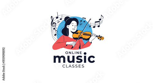 Cheerful woman playing a violin surrounded by musical notes and a blue circle for an online music classes promotion.