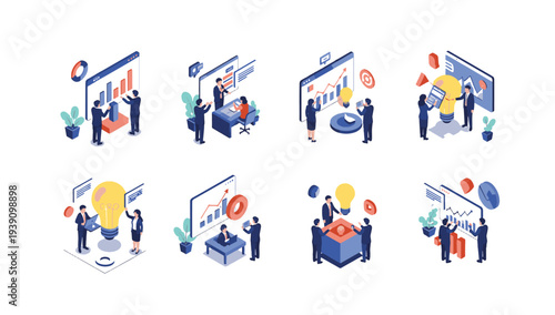 Business people interacting with digital interfaces and data visualization