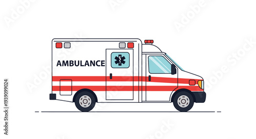 Professional side view illustration of a modern white ambulance vehicle with red stripes and emergency medical symbols.