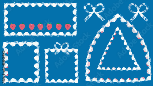 Festive illustrated elements with strawberries bows and decorative frames