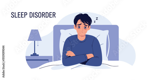 Illustration of a tired man suffering from a sleep disorder sitting in bed with dark circles under his eyes in a dark room.