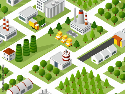 Isometric illustration of a modern city with industrial and residential areas