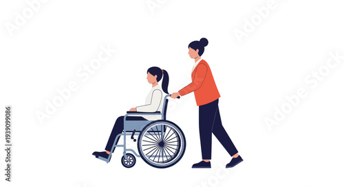 Caring woman pushing friend in wheelchair with support and kindness