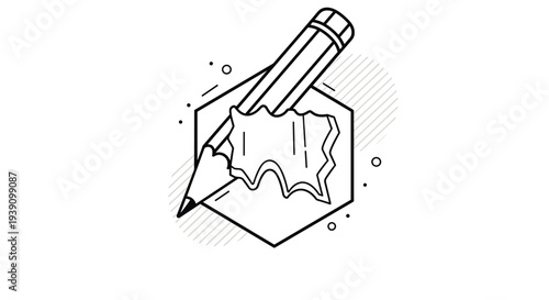 Minimalist line art drawing of a pencil inside a hexagonal frame with a shaving fragment in a modern graphic style.