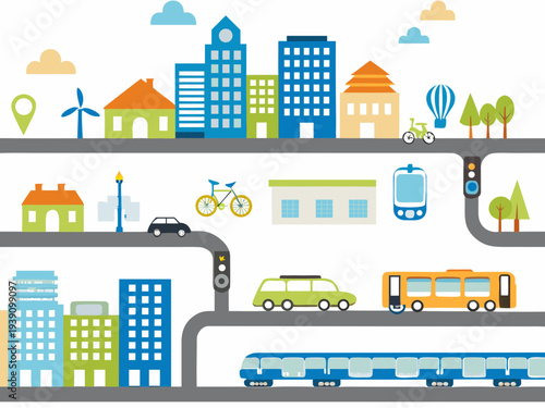 Stylized illustration of a colorful city landscape with roads and transportation