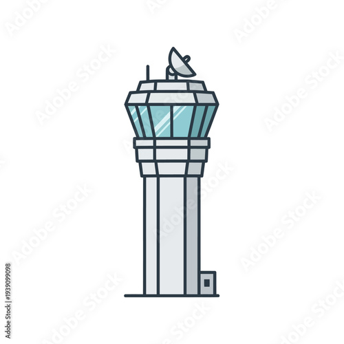 Air traffic control tower with radar antenna flat illustration