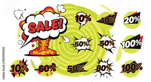 Dynamic pop art composition featuring a huge sale explosion bubble and various discount stickers on a green spiral background.