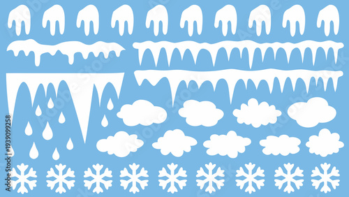 Stylized winter elements icicles snowdrifts snowflakes and raindrops on blue