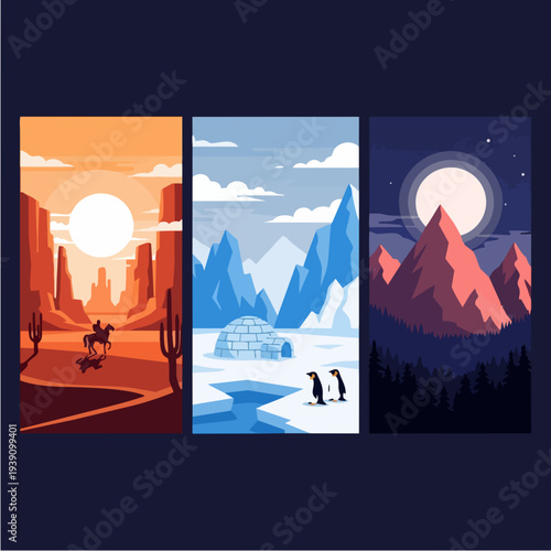 Three distinct landscape illustrations showing different environments and times of day.