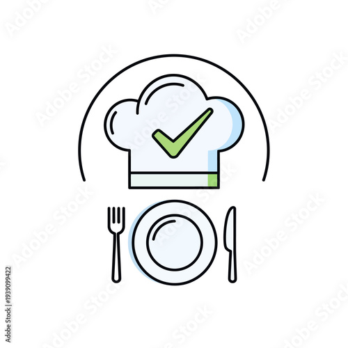 Chef hat with checkmark and restaurant cutlery. Food service concept.