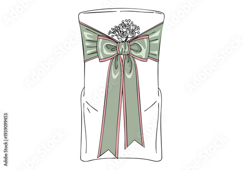 Elegant White Chair Cover with Decorative Pastel Bow and Floral Accent for Formal Events and Weddings