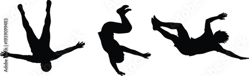 Black silhouette of three men falling through the air in different poses against a white background for parkour and skydiving