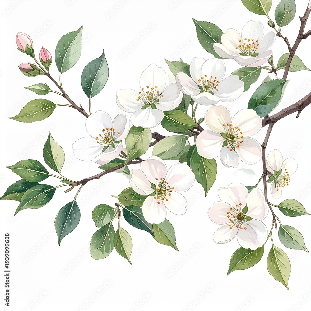 Fototapeta premium A beautiful watercolor illustration of a blooming cherry or apple branch with white flowers, green leaves, and delicate buds, set against a clean white background.