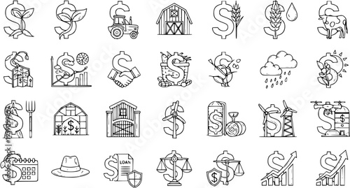 Agriculture Finance and Economy Doodle Line Icons Set. Farming, Agribusiness Investment, and Financial Growth Vector Collection.