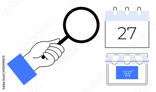 E-commerce analysis, scheduling, planning, online shopping, business insights, retail management. Hand holding magnifying glass, calendar with date 27, and storefront with shopping cart icon