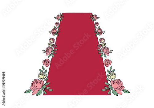 Red carpet decorated with pink roses and green leaves, perfect for events and celebrations