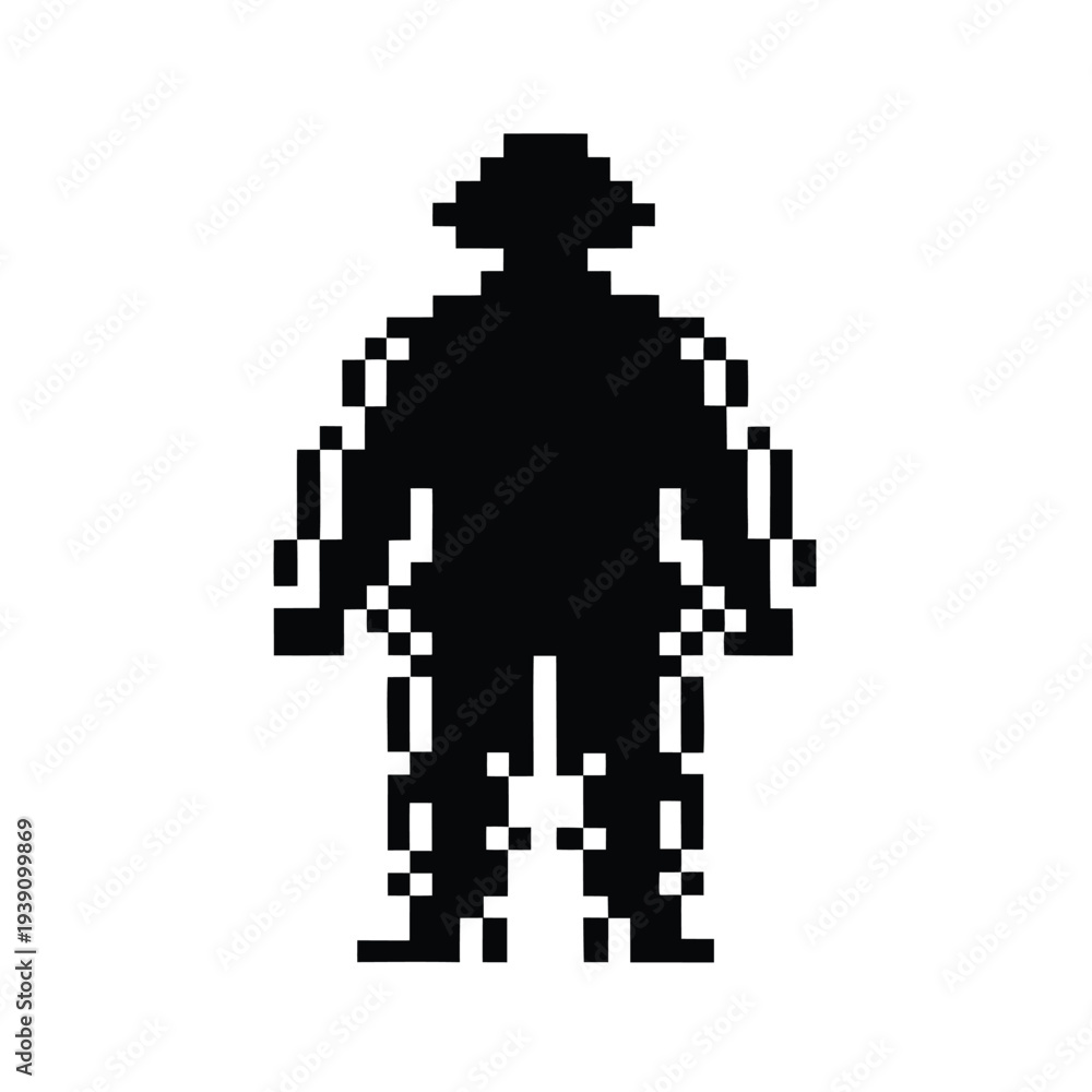 Obraz premium Classic Pixelated Door Key Symbol in Black and White Silhouette Style for Arcade Game Design