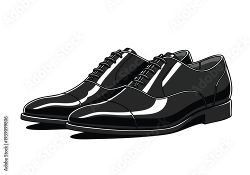 A pair of sleek, polished black leather Oxford shoes with laces, perfect for formal occasions and business attire