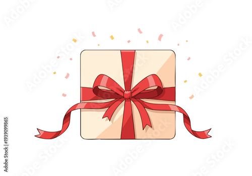 A festive holiday gift box adorned with a bright red ribbon and bow, surrounded by scattered confetti, perfect for celebrations
