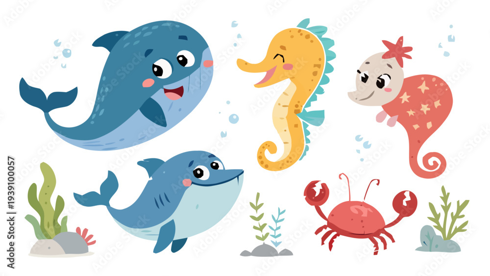 Fototapeta premium Colorful ocean wildlife cartoon mascot vector bundle with sea creatures and coral