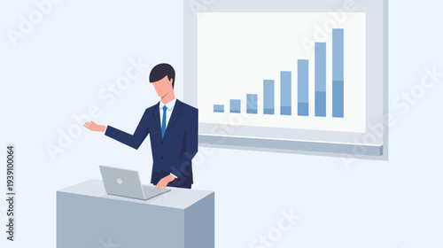 スクリーンのグラフの前でパソコンを見ながらプレゼンをする男性のベクターイラスト