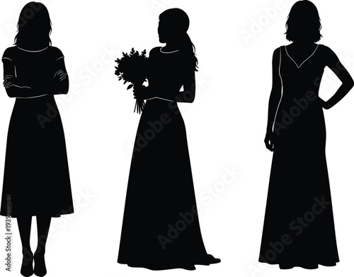 Black silhouettes of three elegant women in formal dresses including a bride with bouquet and bridesmaids for wedding event designs.