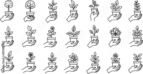 Minimalist line art icon set featuring hands gently holding various potted plants and seedlings, symbolizing growth, nature care, ecology, and environmental sustainability