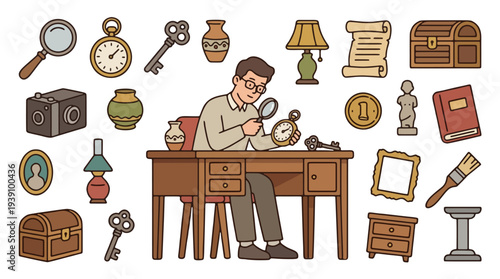 Antique Expert Appraising Vintage Collection with Magnifying Glass and Historical Artifacts Icons