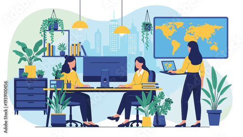 Three colleagues collaborating in a modern office with plants and a world map