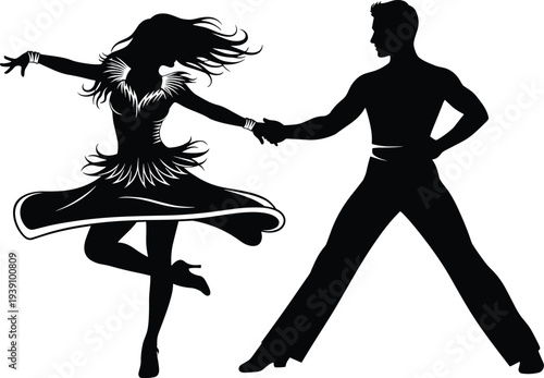 Elegant Black Silhouette of Professional Couple Performing Energetic Latin Salsa Dance Moves Isolated on White Background for Ballroom Competition Graphic