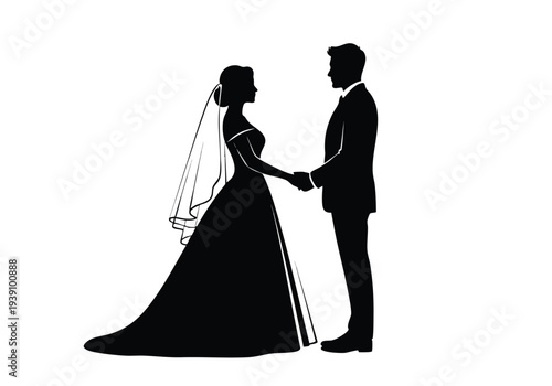 Silhouette of a bride and groom holding hands, symbolizing their wedding day and the start of their life together as a married couple