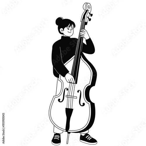Music Festival Illustration. Vector illustration of Female musician performing with a double bass, illustrating classical and jazz music performance on stage. Isolated on background
