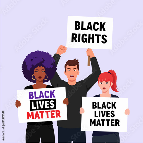 Diverse group of people holding protest signs for black rights and black lives matter.