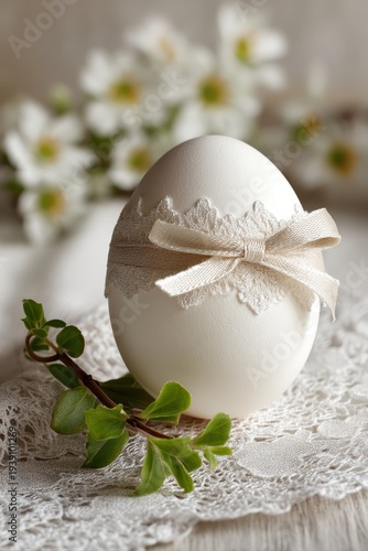 Wallpaper Mural Decorated egg with green sprig and ribbon on clean background Torontodigital.ca