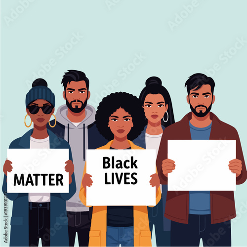 Diverse group of people holding signs for Black Lives Matter protest.